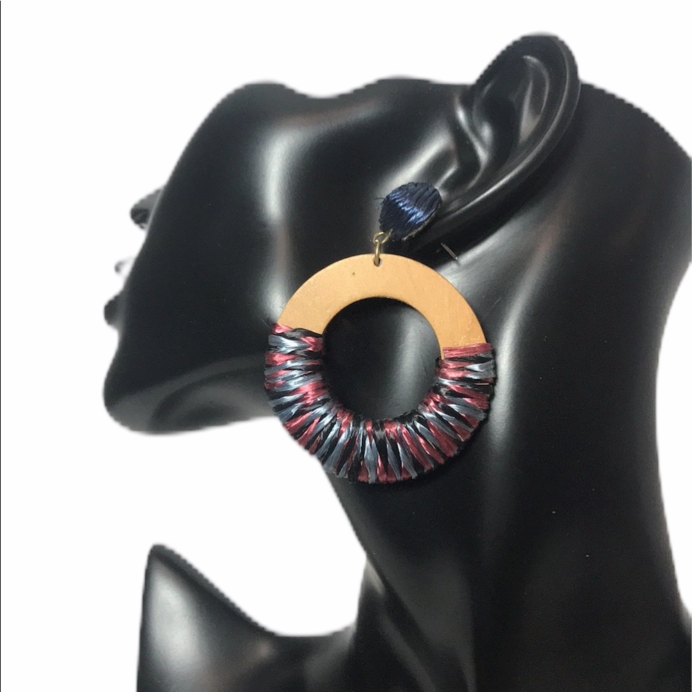 NEW Blue Pink Black Wrapped Wooden Hoop Earrings